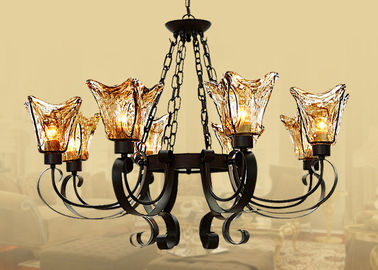 Candelabro decorativo home leve do ferro forjado do preto 8 com máscara de vidro ambarina